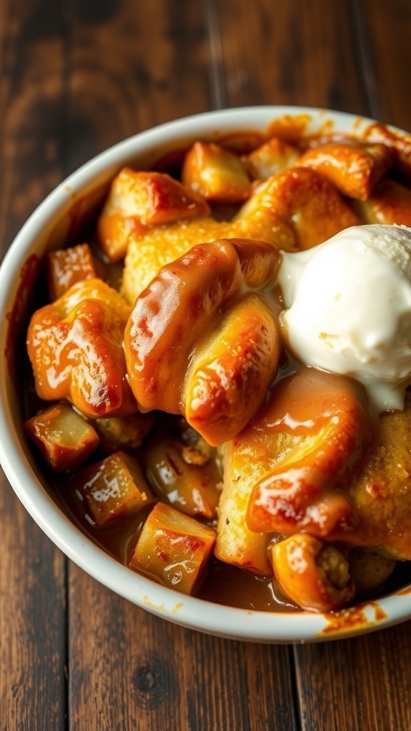 Cinnamon roll bread pudding drizzled with icing, served with a scoop of vanilla ice cream on a rustic table.